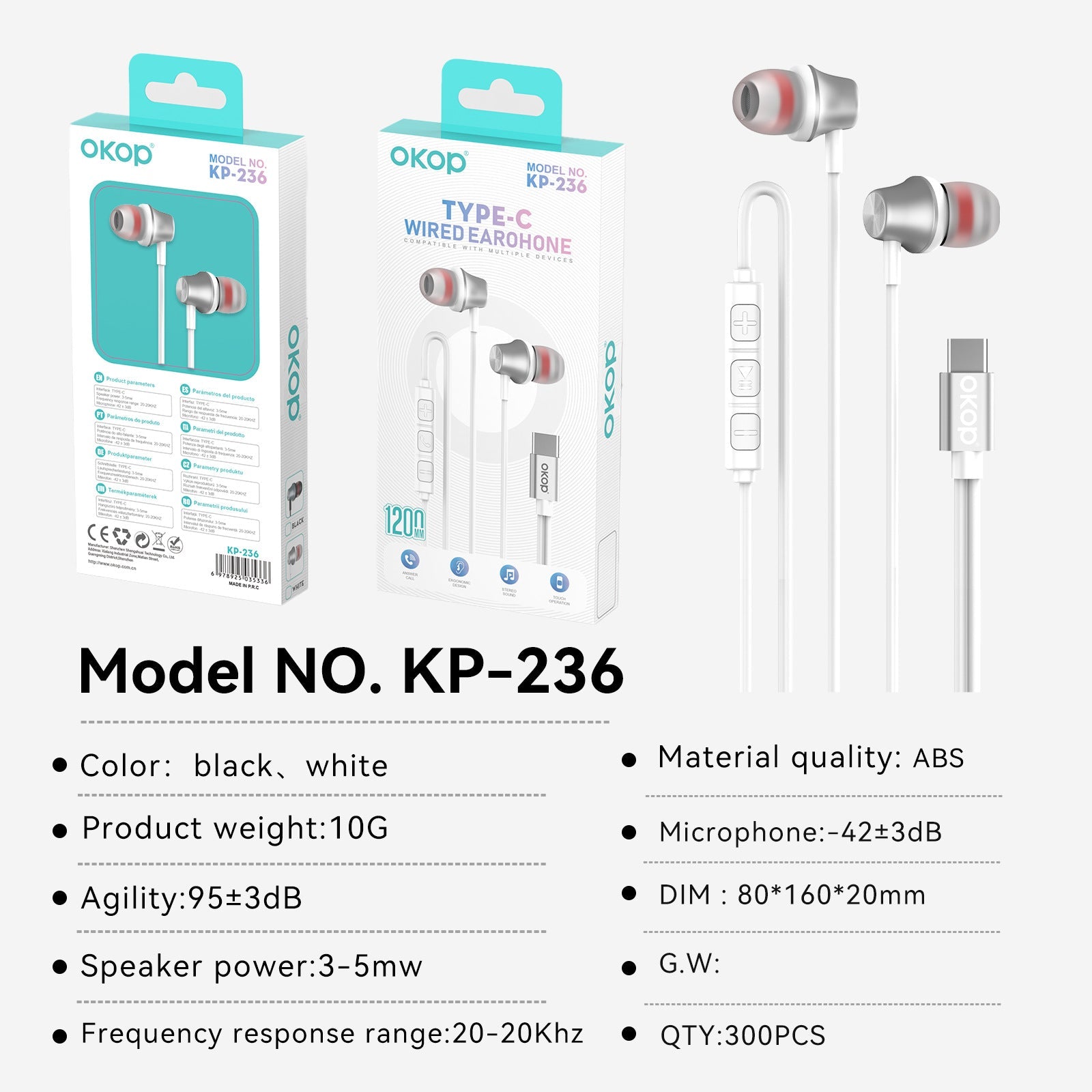 KP-236 Best-selling In-Ear Wired Headphones USB-C Universal For Phones PCs Heavy Bass High Audio Quality In-Line Controls In Stock