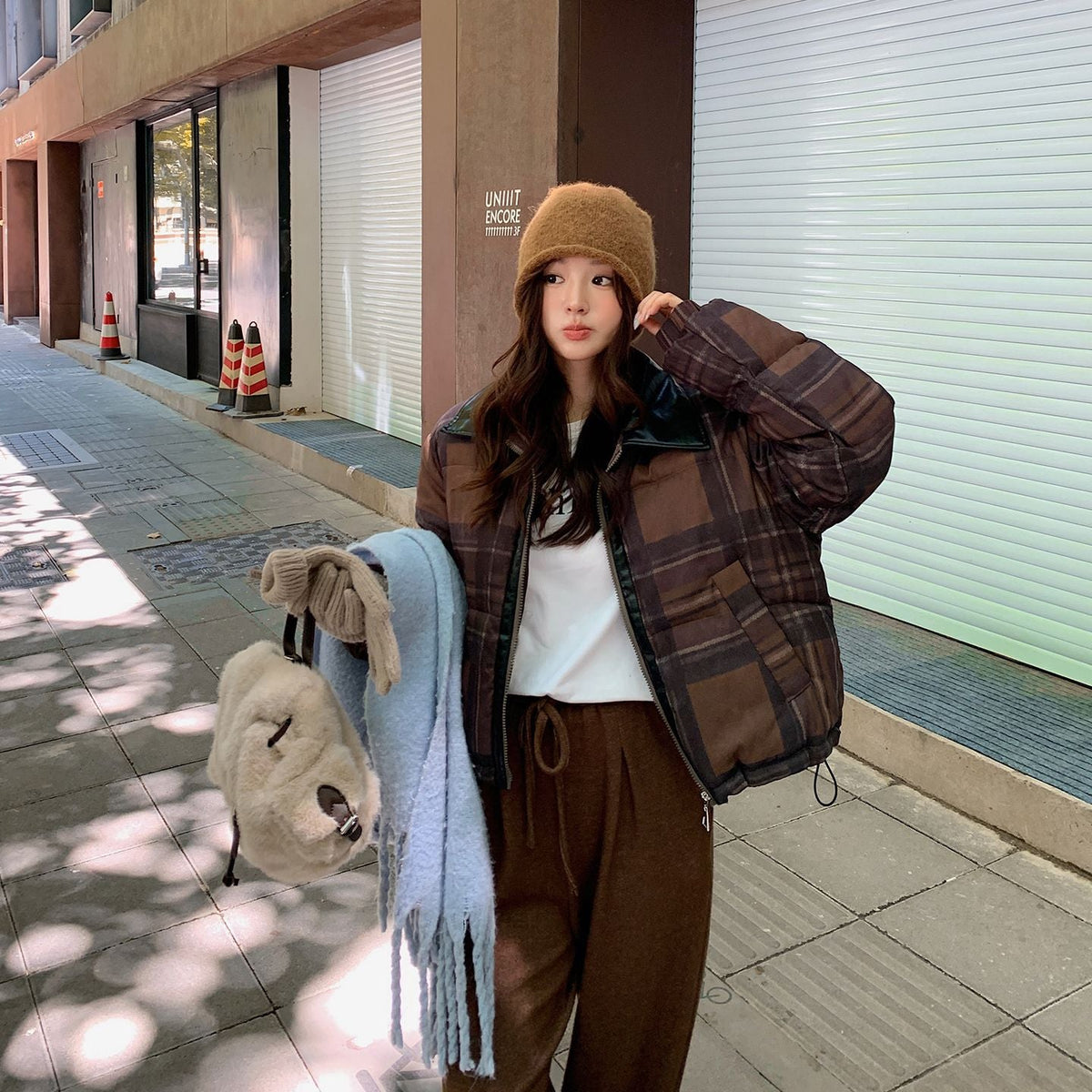 Loose-fit Stand-collar Plaid Padded Coat For Women