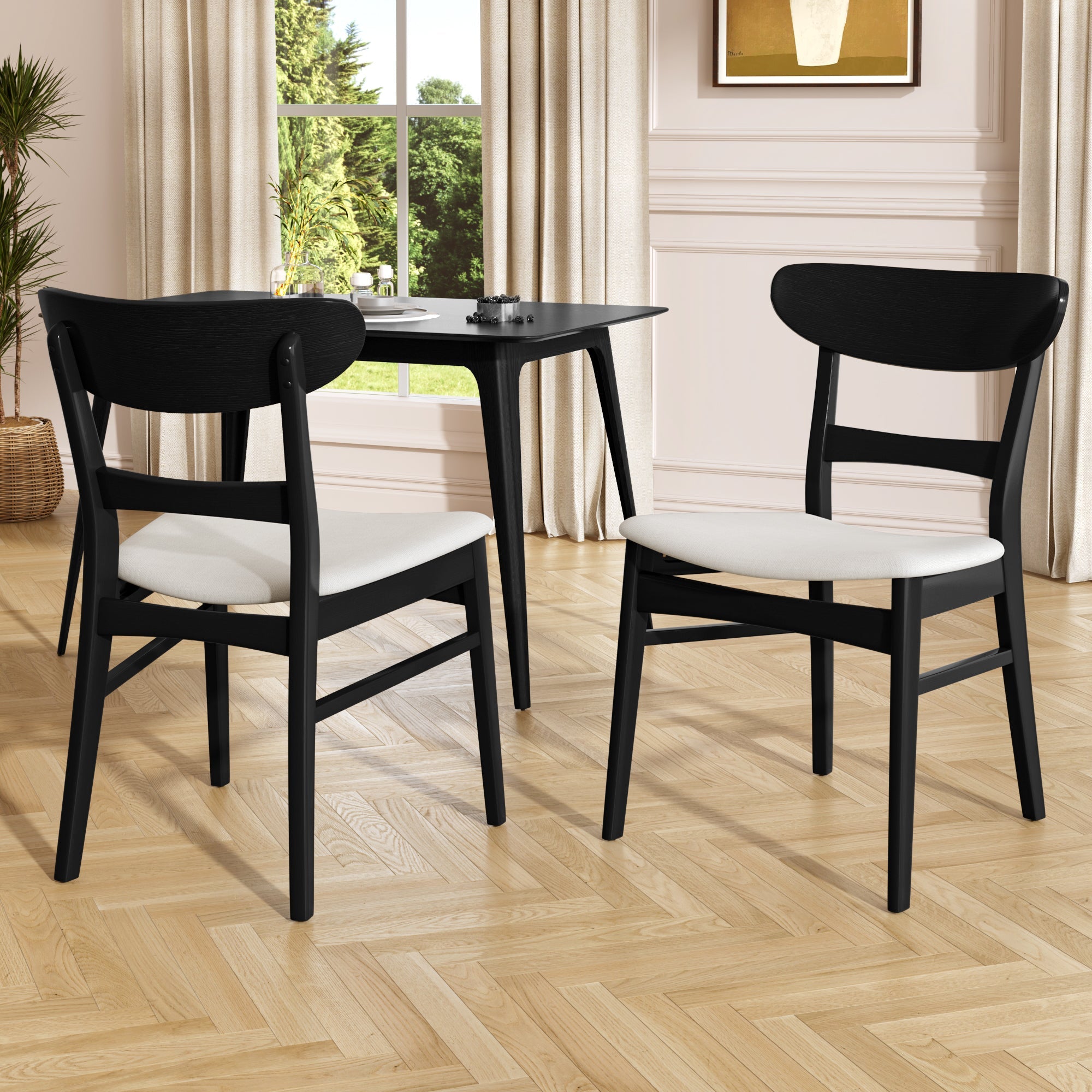 Set of 2 Dining Chairs - Upholstered Seat, Rubberwood Legs