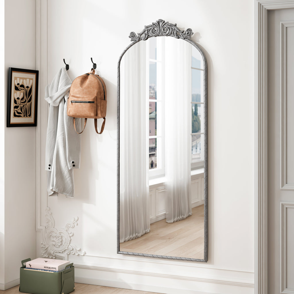 58" x 24" Arched Full Body Mirror with Vintage Ornate Carved Applique