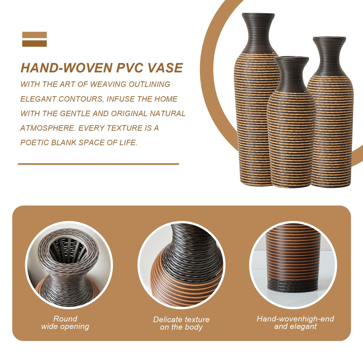 Hand-Woven PVC Rattan Vases, Set of 3 Decorative Floor Vases