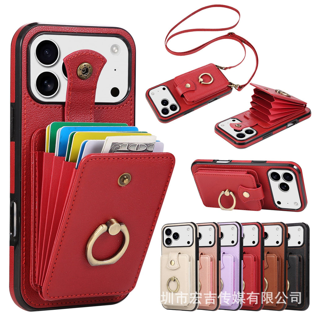 Leather Phone Case With Ring Holder And Card Slot Drop Proof Protective Case