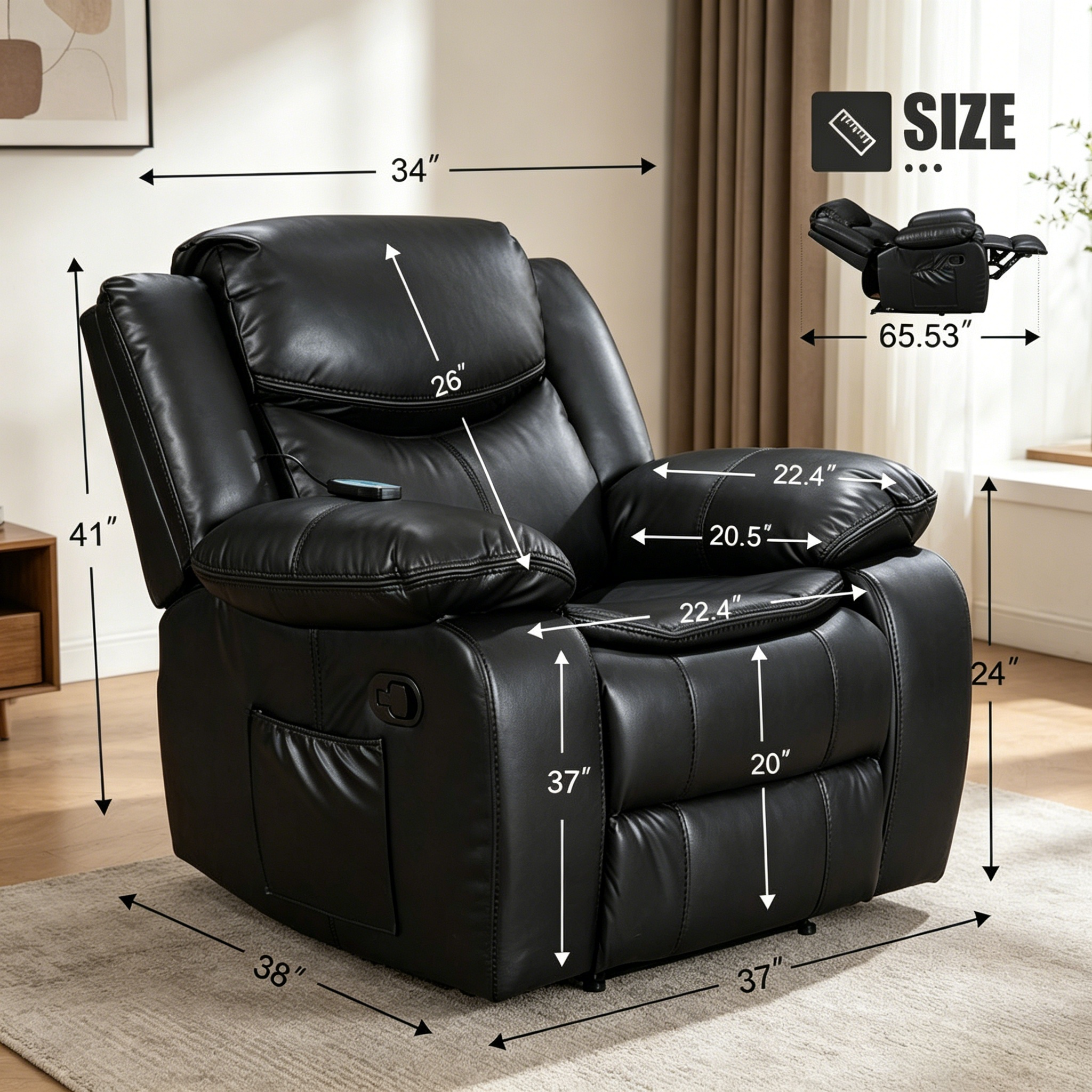 Black Color Air Leather Recliner Chair With Vibration And Heating