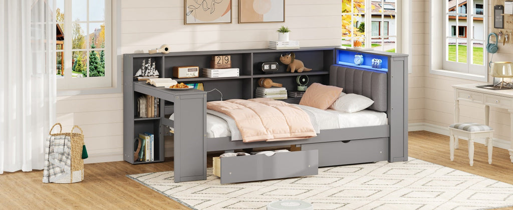 Wood Twin Size Platform Bed with Storage Shelves and Charging Station