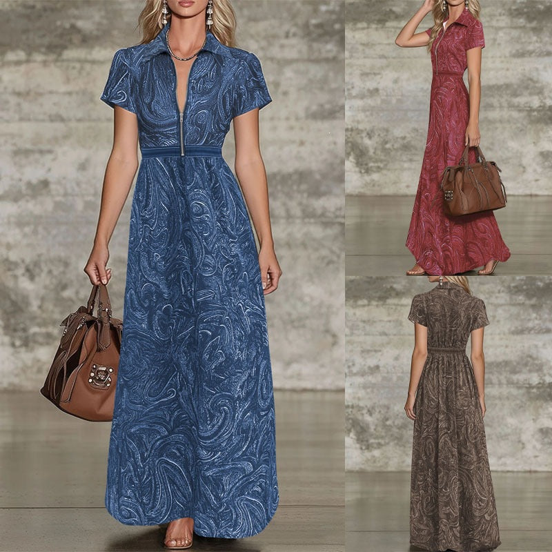 Ebay Amazon European And American Foreign Trade Retro Paisley Print Lapel Dress With Waist-Cinching A-Line Long Skirt For Women