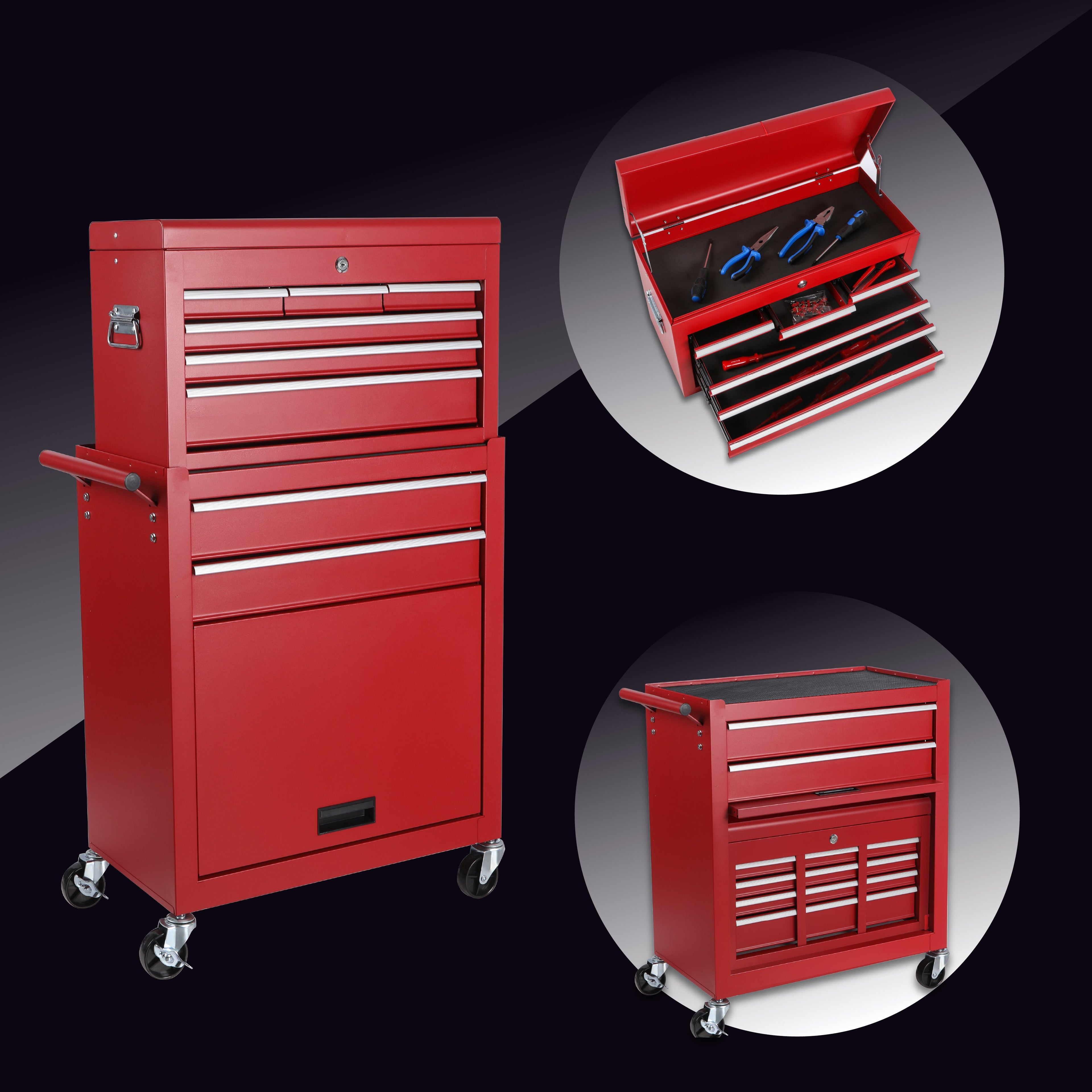 8-Drawer Rolling Tool Storage Cabinet with Detachable Top Tool Box