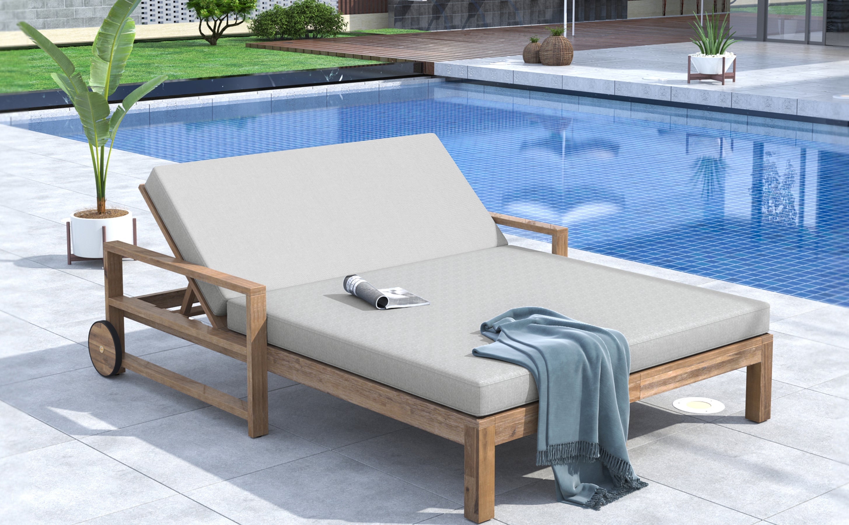 TREXM 1-Piece Farmhouse-styled Wooden Outdoor Sunbed