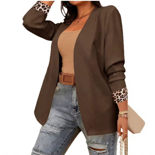 Womens Leopard-Print Patchwork Long-Sleeve Blazer
