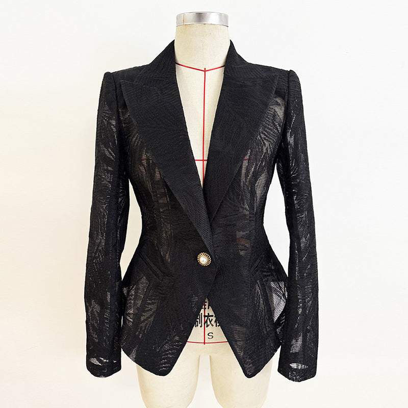 Sheer Leaf Jacquard Single Button Cropped Blazer Jacket