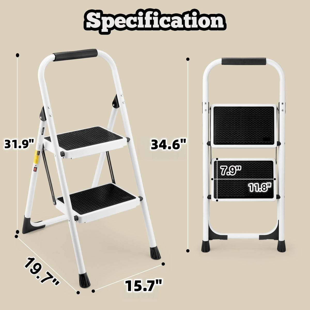 2 Step Ladder - Folding Step Stool with Anti-Slip Features