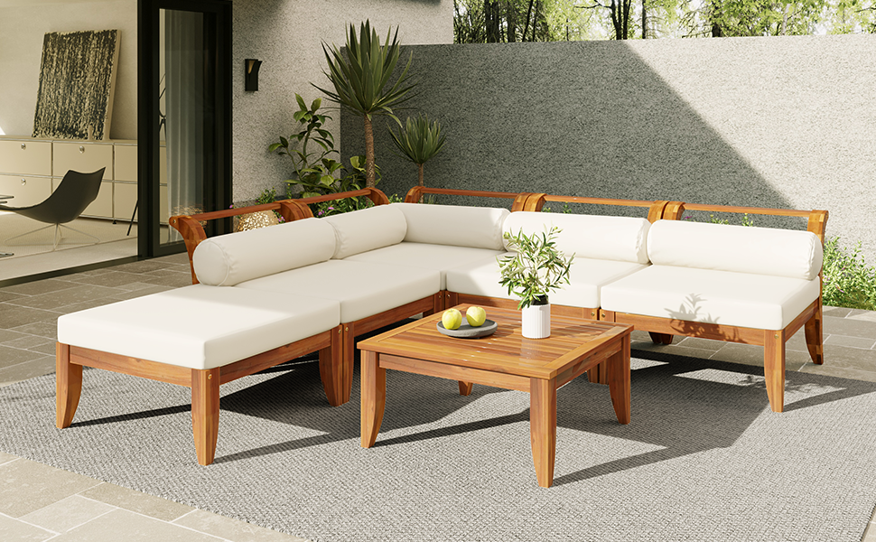 TOPMAX 6 Piece Patio Sofa Set - Acacia Wood Modular Sectional
