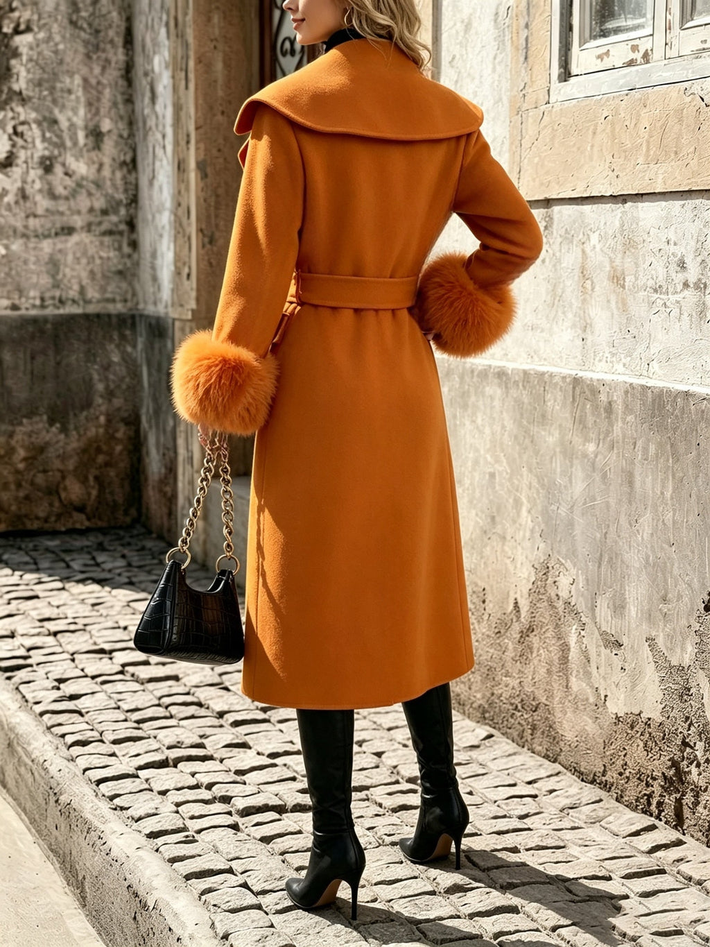 Women Belted Long Wool Coat Detachable Fur Cuffs