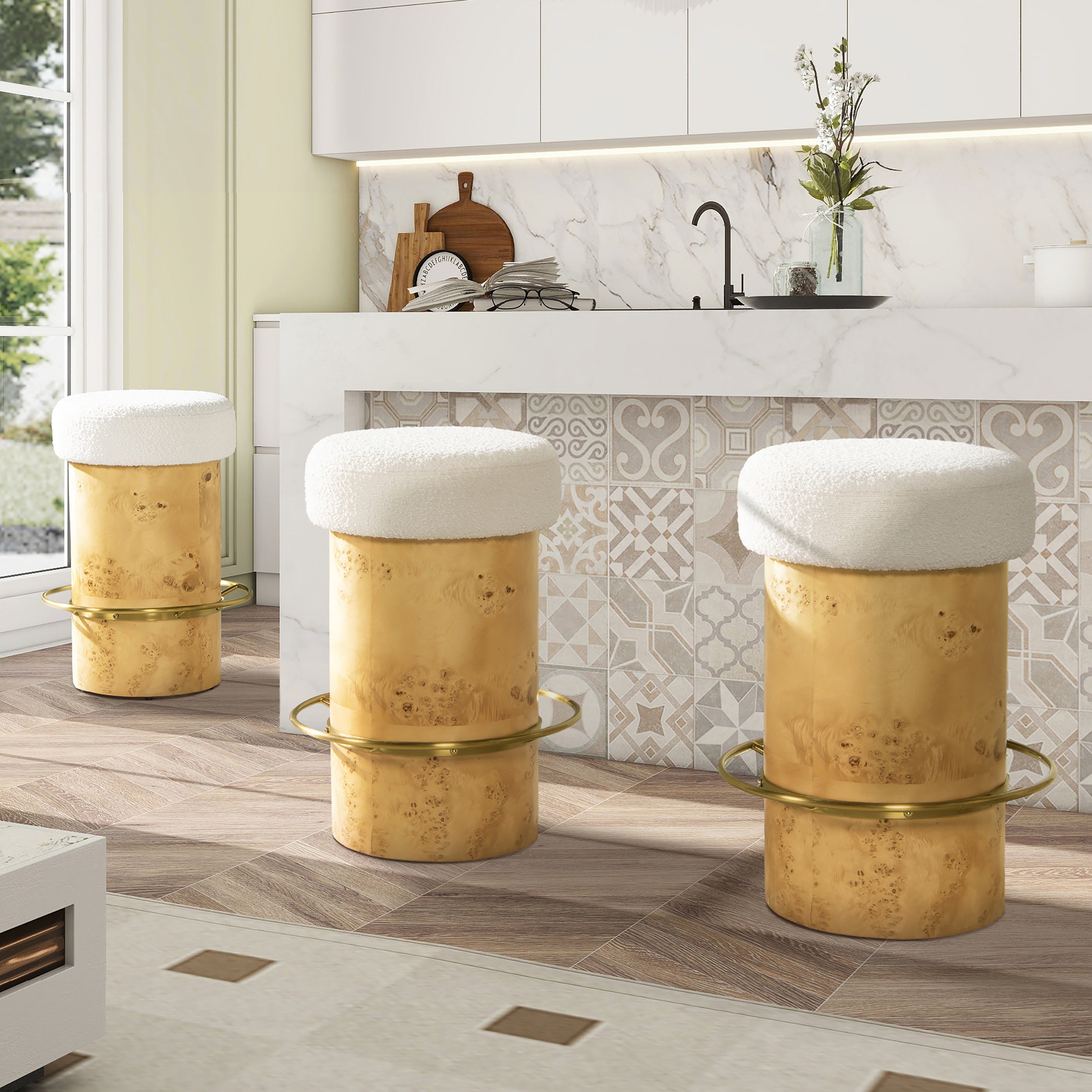 Nebula 26" Backless Round Upholstered Counter Stool with Burl Wood