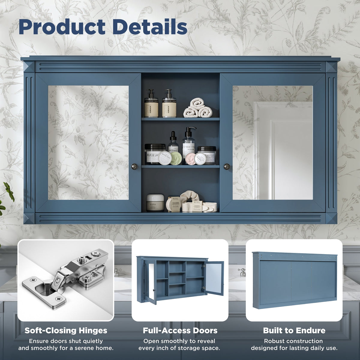 55 Inch Wall-Mount 2-in-1 Mirror Cabinet with Adjustable Shelves