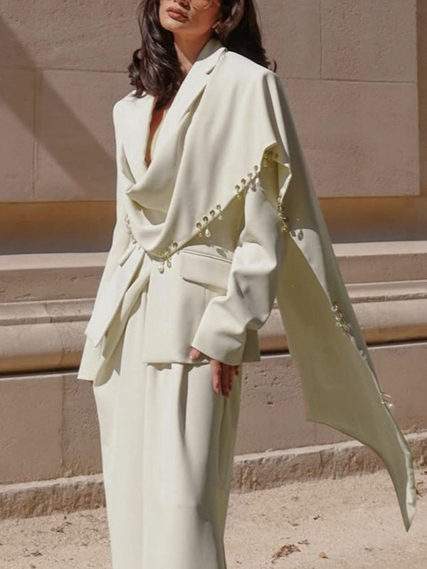 Waterfall Draped Pearl Crystal Bead Trim Asymmetrical Tailored Blazer