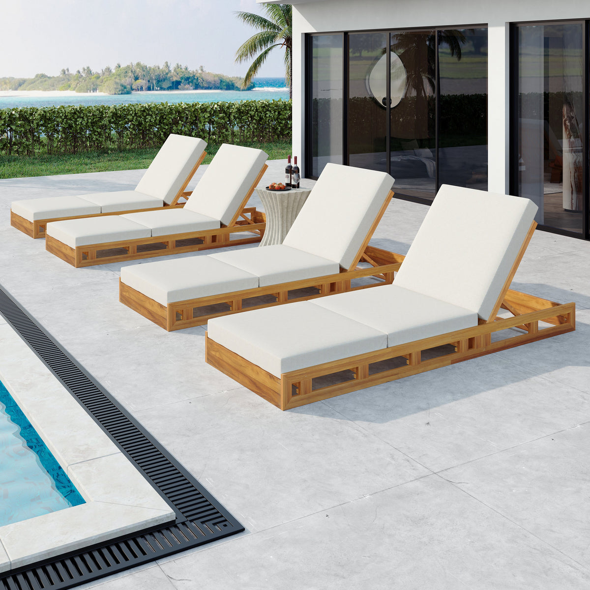 Lounge Chaise Set in Acacia Solid Wood with Lounge Cushion