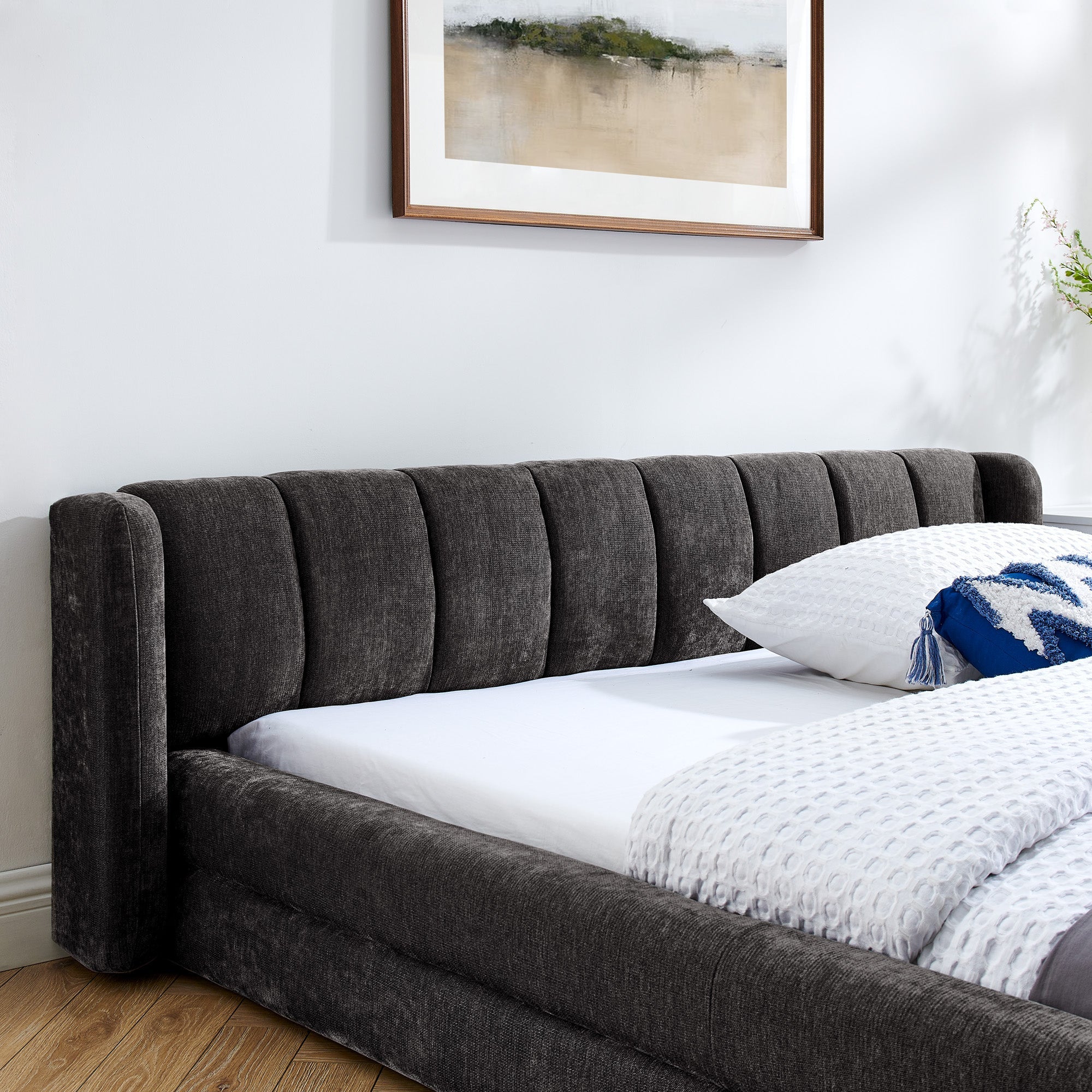 Queen Size Upholstered Bed Frame with Thick Fabric - Dark Grey