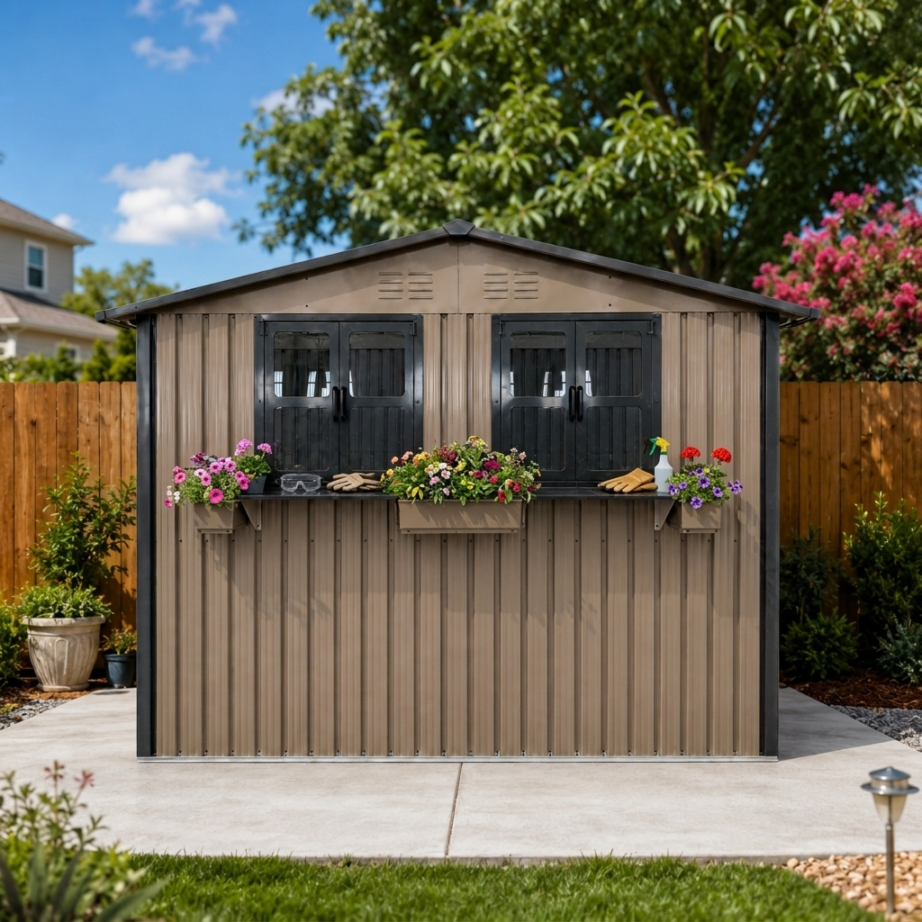 9x6 FT Outdoor Metal Storage Shed with Window & Flower Rack