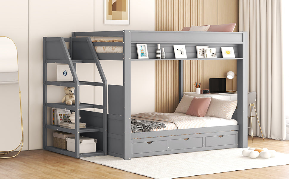 Wood Full Size Convertible Bunk Bed with Storage Staircase and Drawers