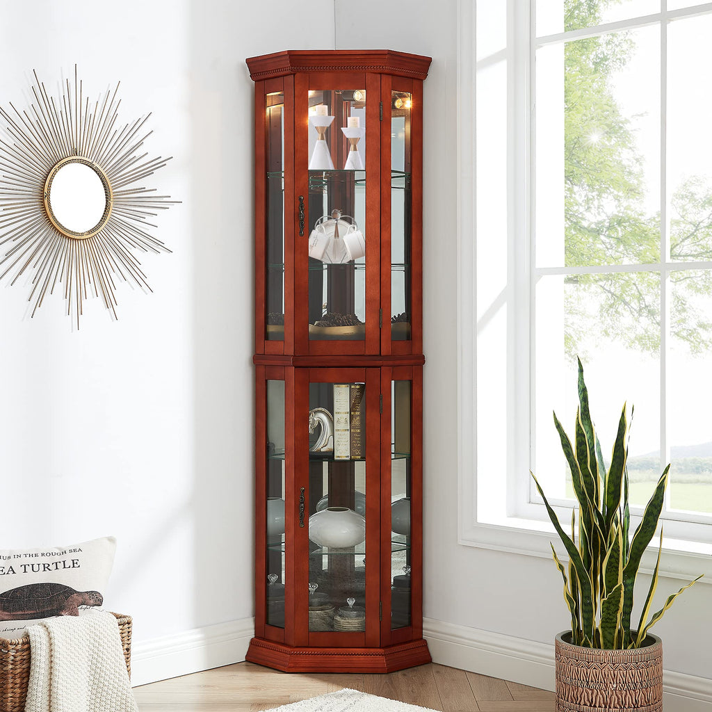 Corner Curio Cabinet with Adjustable Glass Shelves and Lights