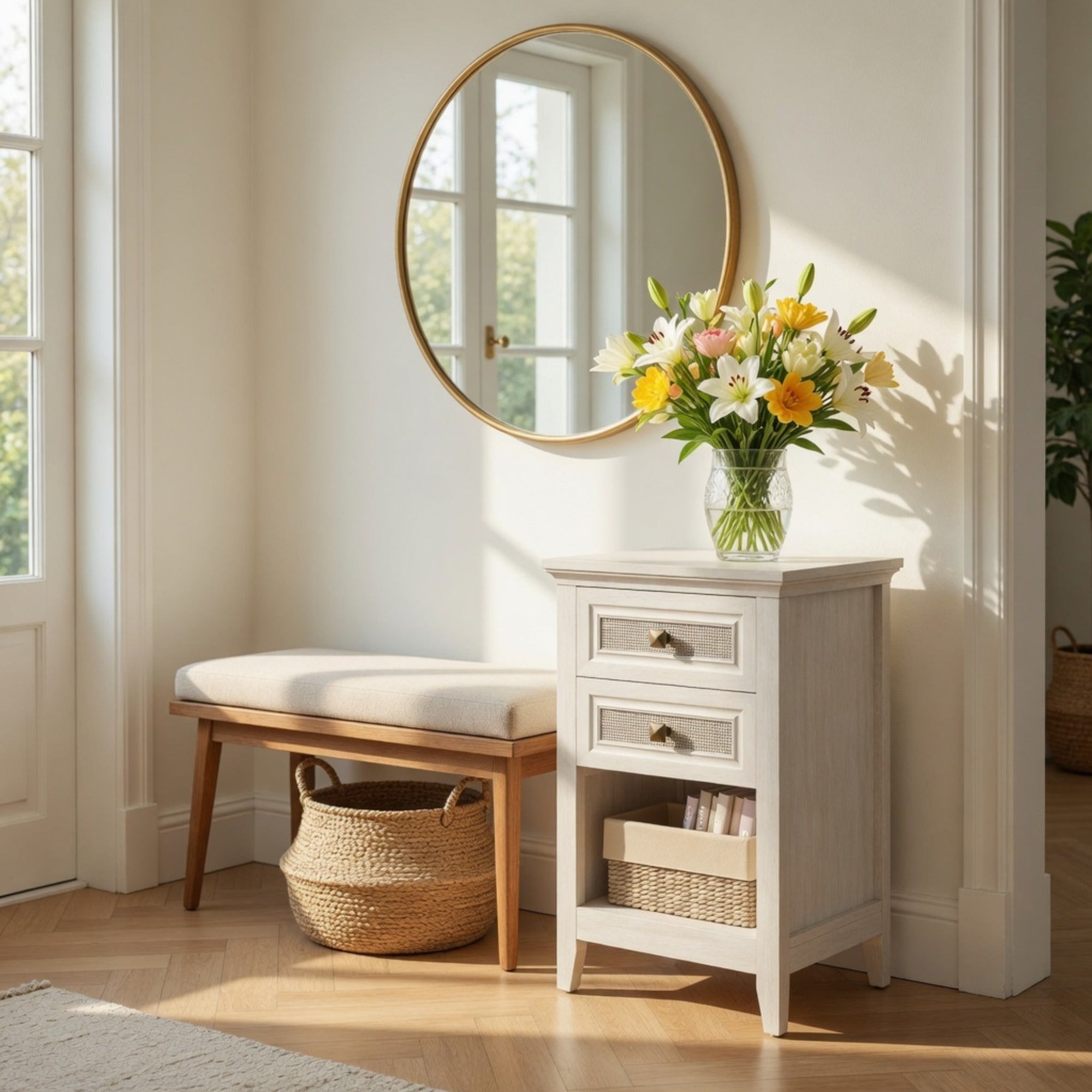 17.7" White Rattan Nightstand