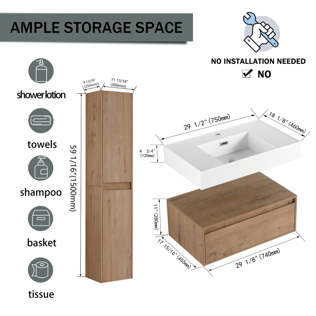 30 Inch Wall-Mounted Bathroom Vanity with Resin Sink