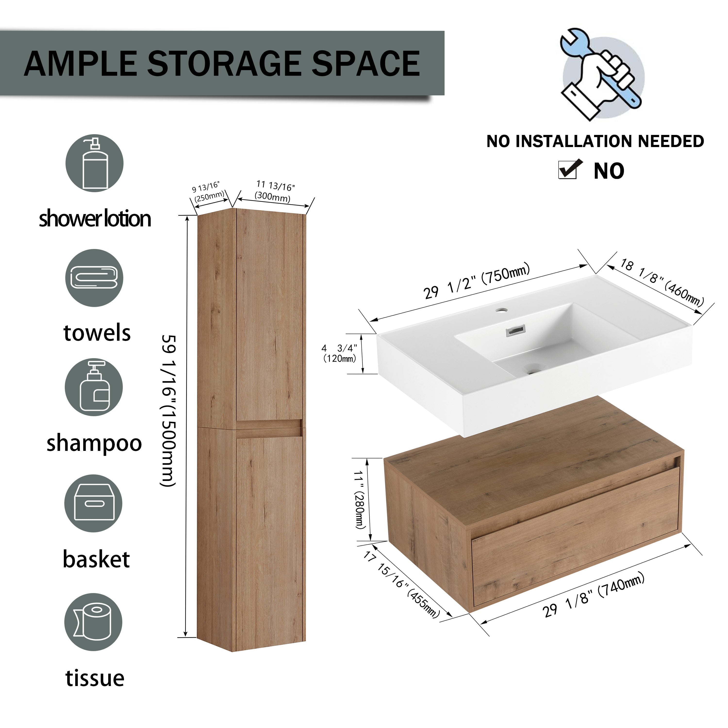 30 Inch Wall-Mounted Bathroom Vanity with Resin Sink