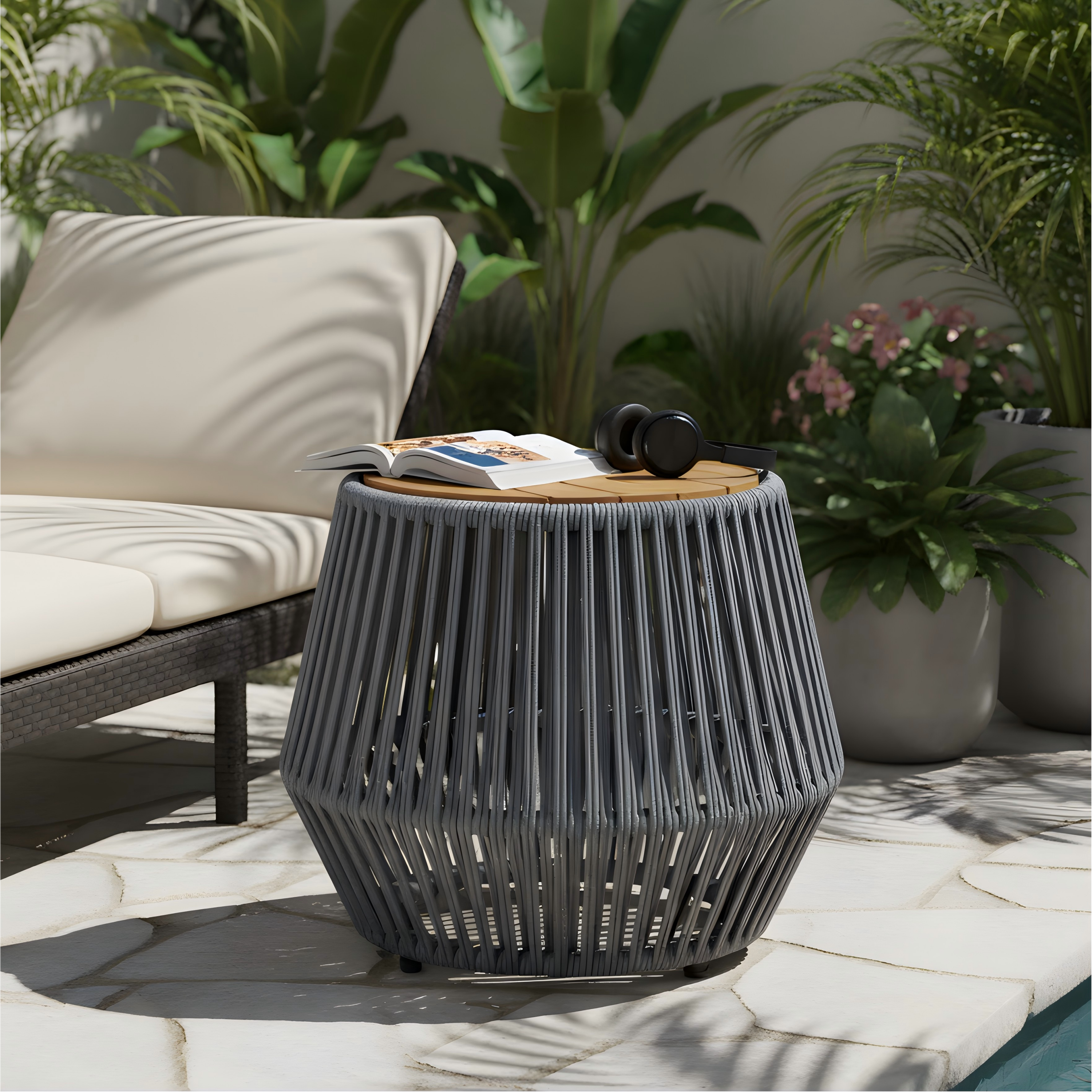 Acacia Wood Side Table with Grey Rope Design