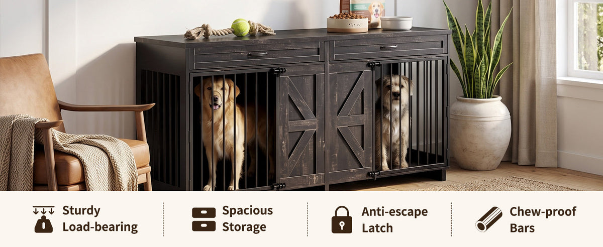 Dog Crate Furniture TV Stand - 2-in-1 Wooden Dog Kennel with Storage