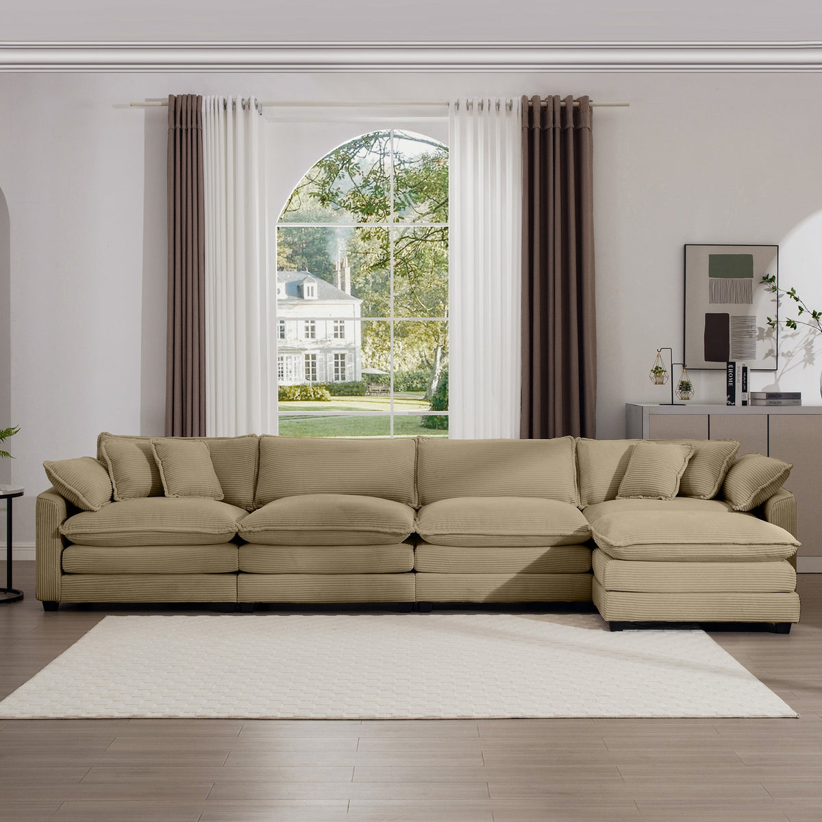 Corduroy Sofa - Modern Upholstered 4 Seater with Footstool