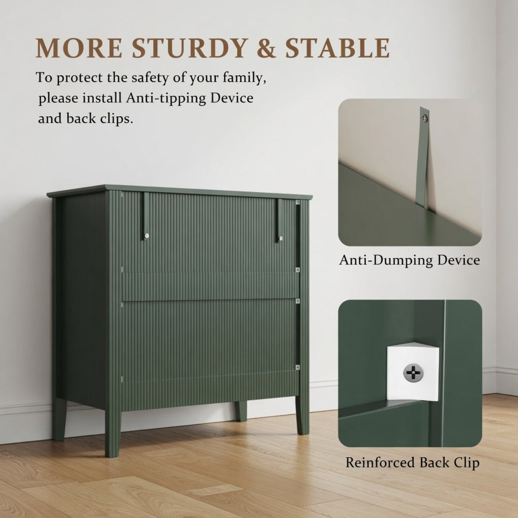 32" Wide Green Fluted 3-Drawer Nightstand