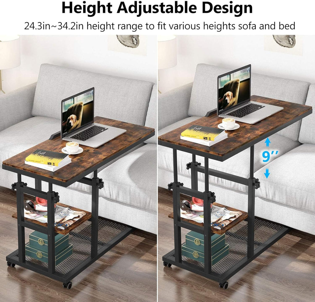 Rustic 32” Width Adjustable C-Shaped End Table with Wheels