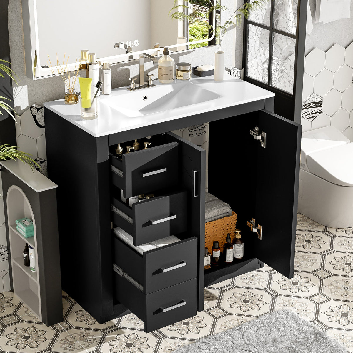 36'' Bathroom Vanity with Ceramic Sink Combo, Solid Wood Frame