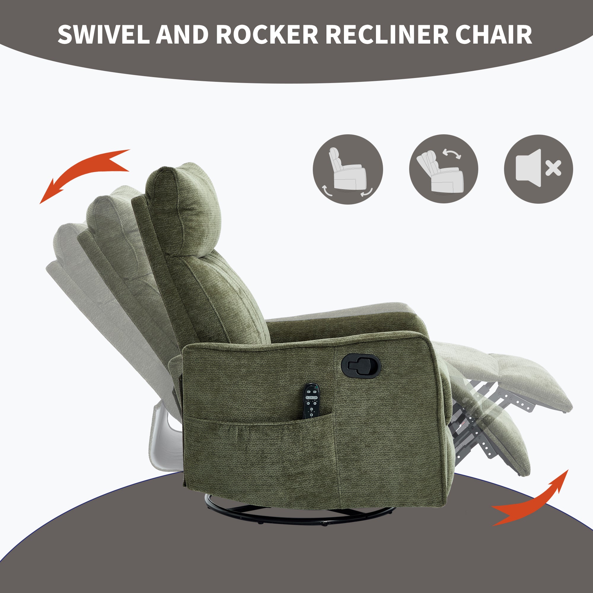 Green Heat Massage Manual Recliner Chair with Rocker and Swivel in Fabric for Living Room