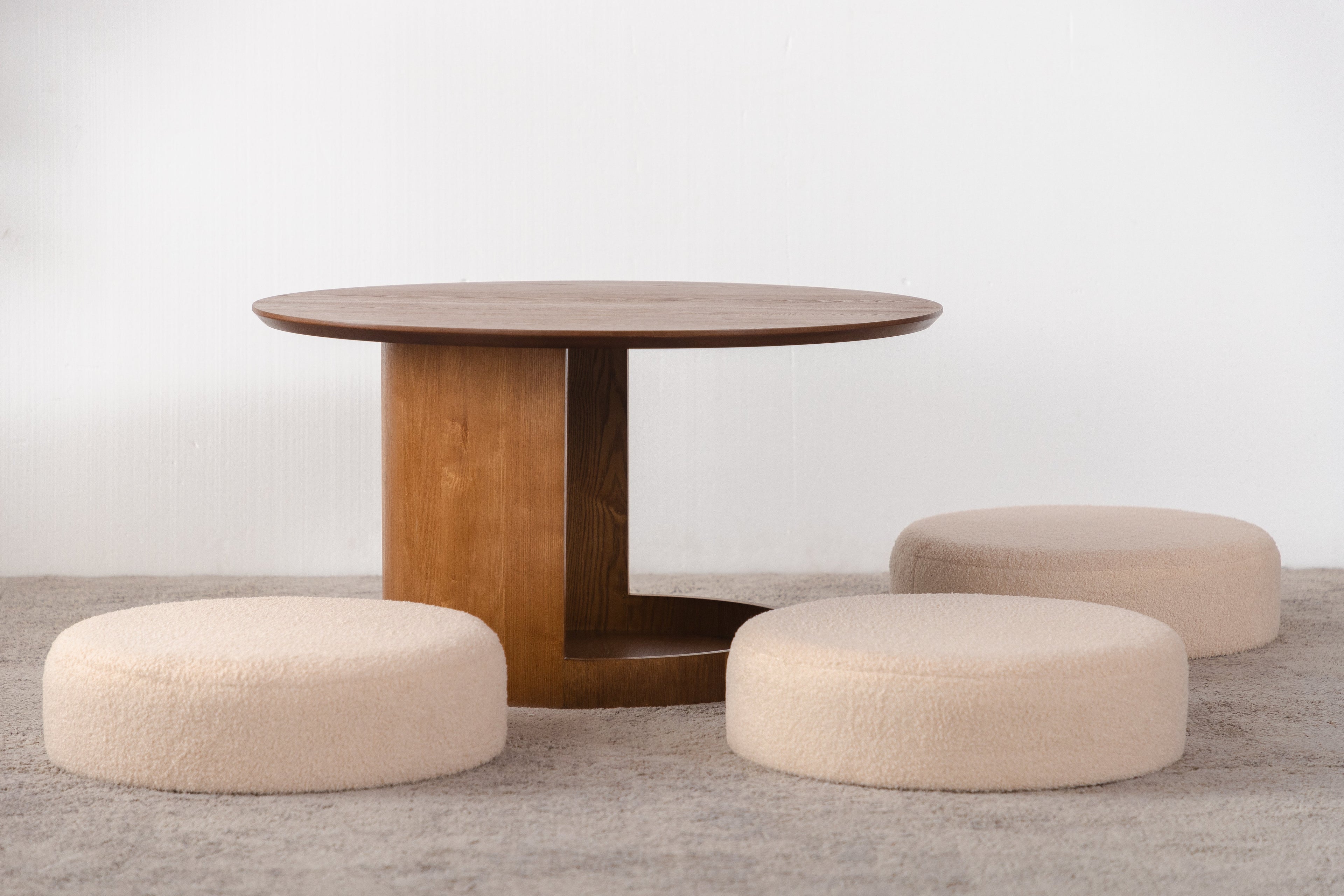 31.5" Round Wood Coffee Table with 3 Teddy Fabric Nesting Stools