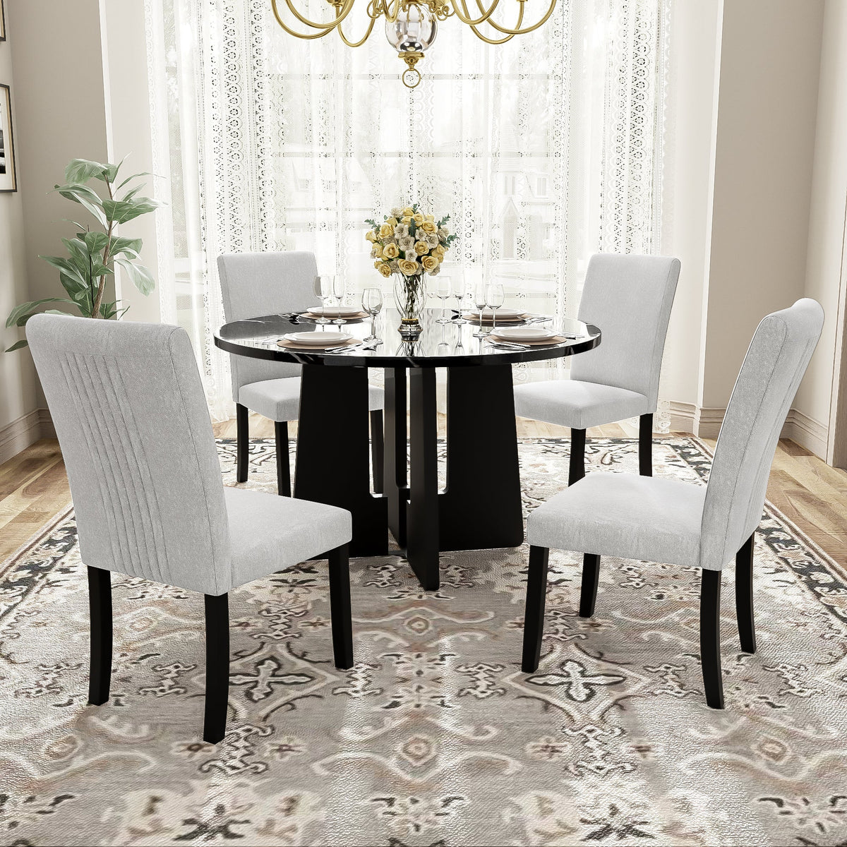 5-Piece Round Dining Table Set with Upholstered Chairs