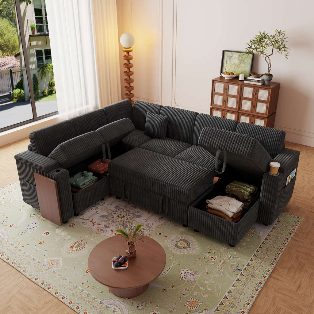 100-Inch Pull-Out Sofa with USB Ports, Table Board & Cup Holder