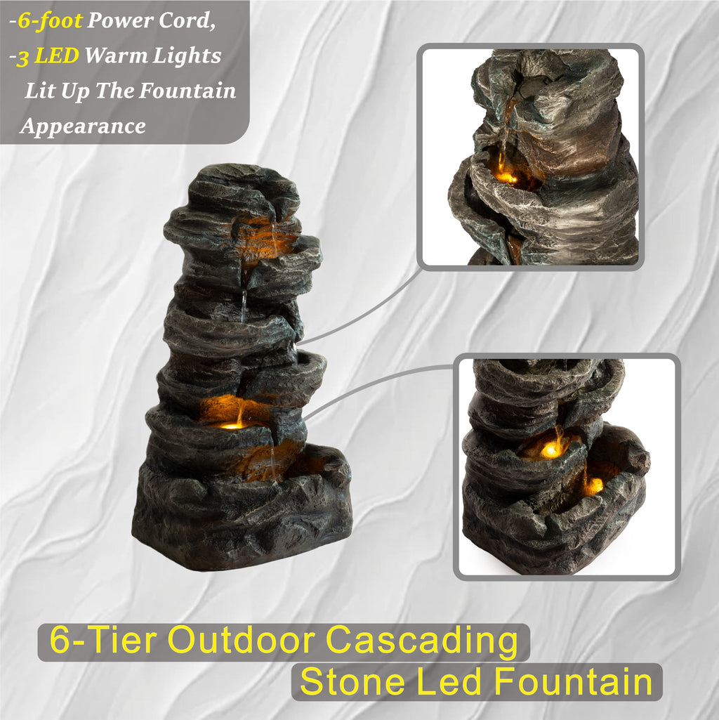 6-Tier Outdoor Cascading Stone Water Fountain with LED Lights