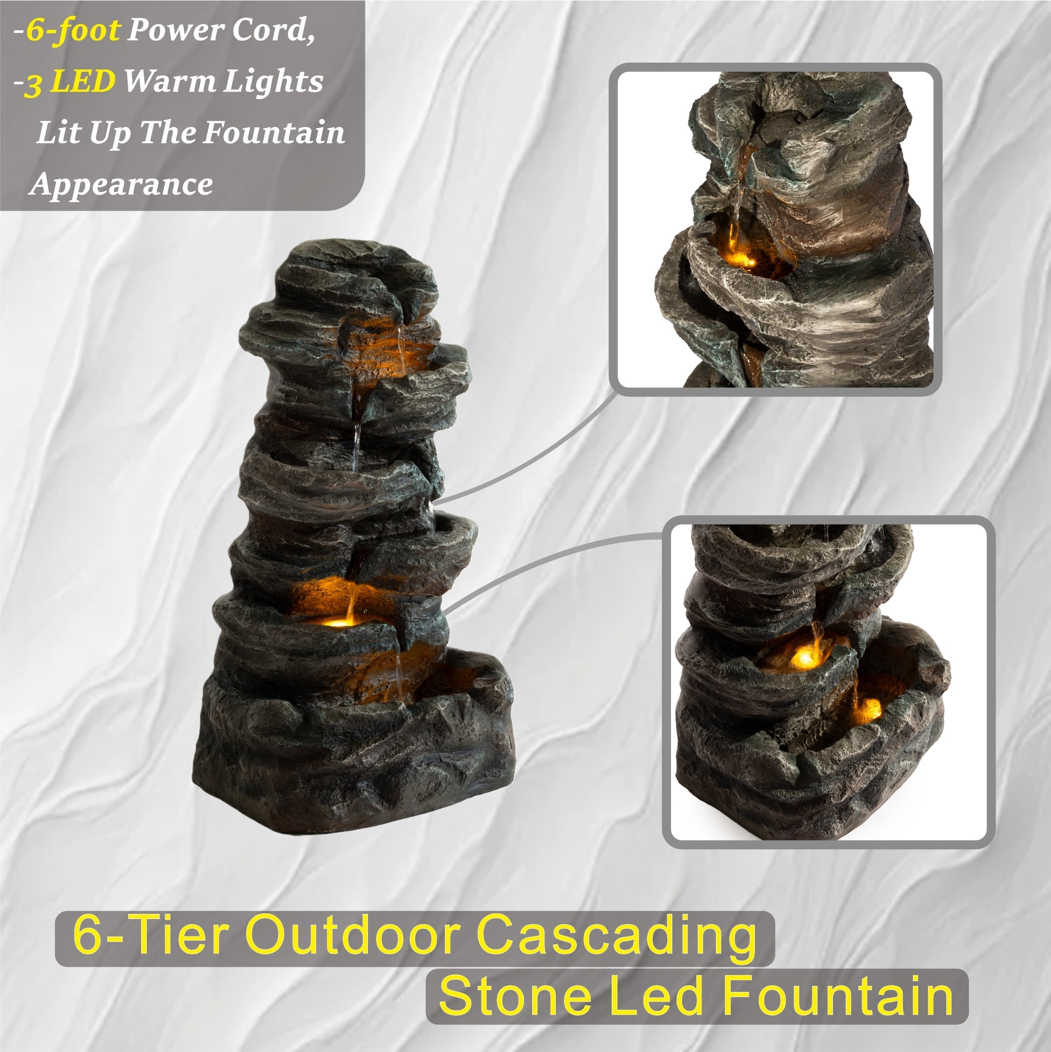 6-Tier Outdoor Cascading Stone Water Fountain with LED Lights