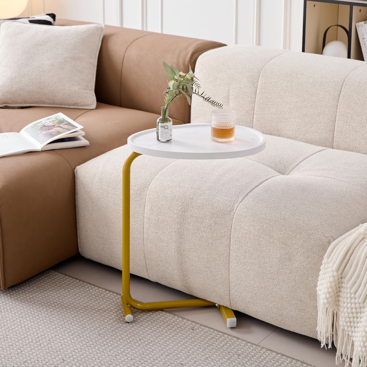 White C-shaped Side Table for Living Room & Bedroom