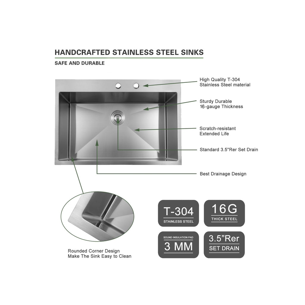 33 Inch Topmount Stainless Steel Kitchen Sink