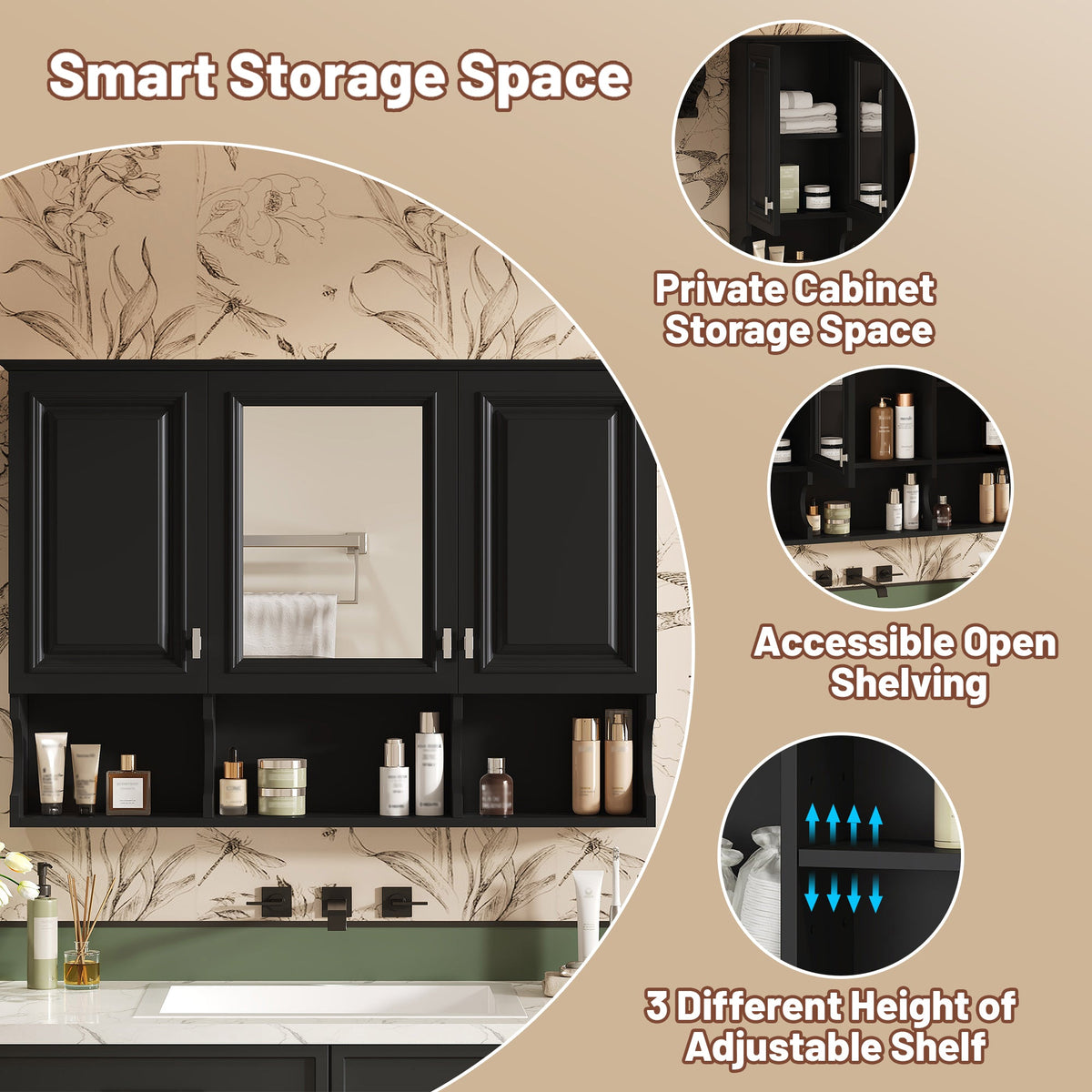 41 Inch Mirror Medicine Cabinet with Open Shelves