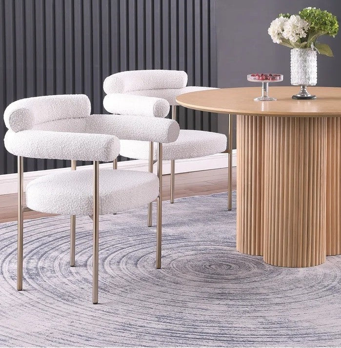 Set of 2 Boucle Fabric Kitchen Dining Chairs with Armrest