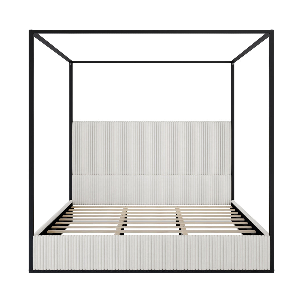 Modern Luxury Metal Canopy Bed with Tall Corduroy Upholstered Headboard