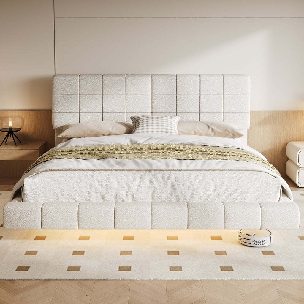 White Boucle Floating Bed with Light (Queen)