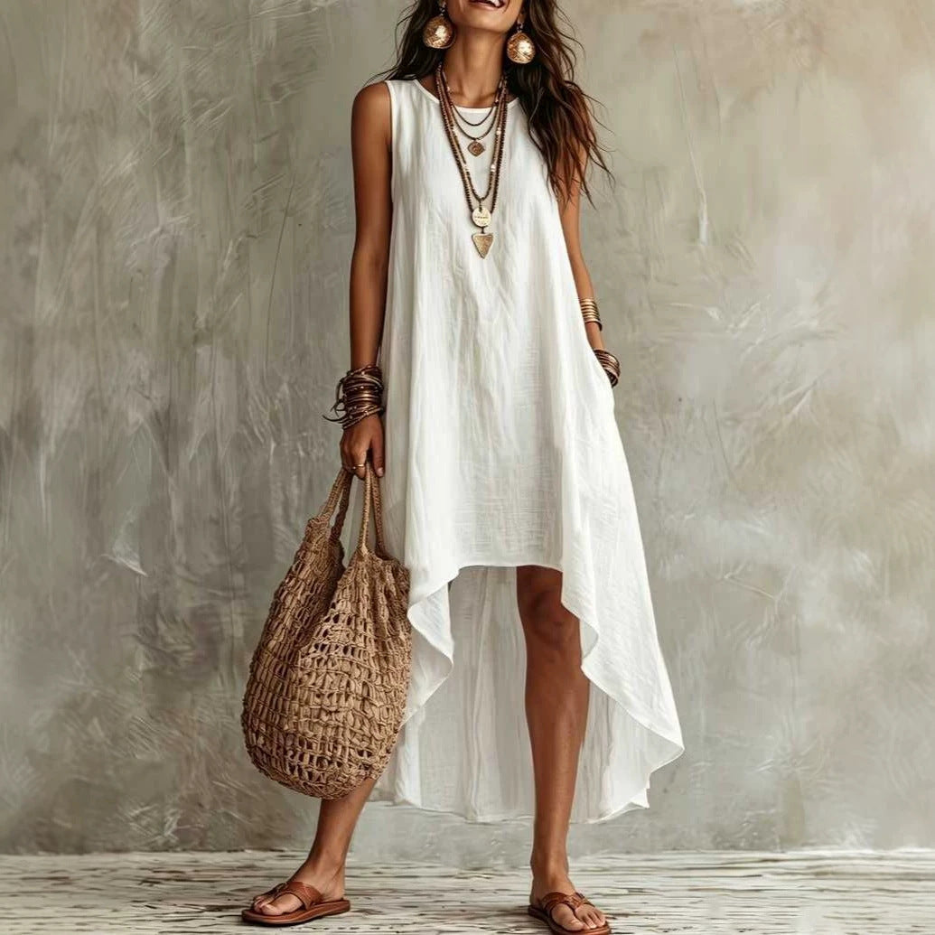 Womens Casual Round-neck Sleeveless Loose-fitting Midi Dress