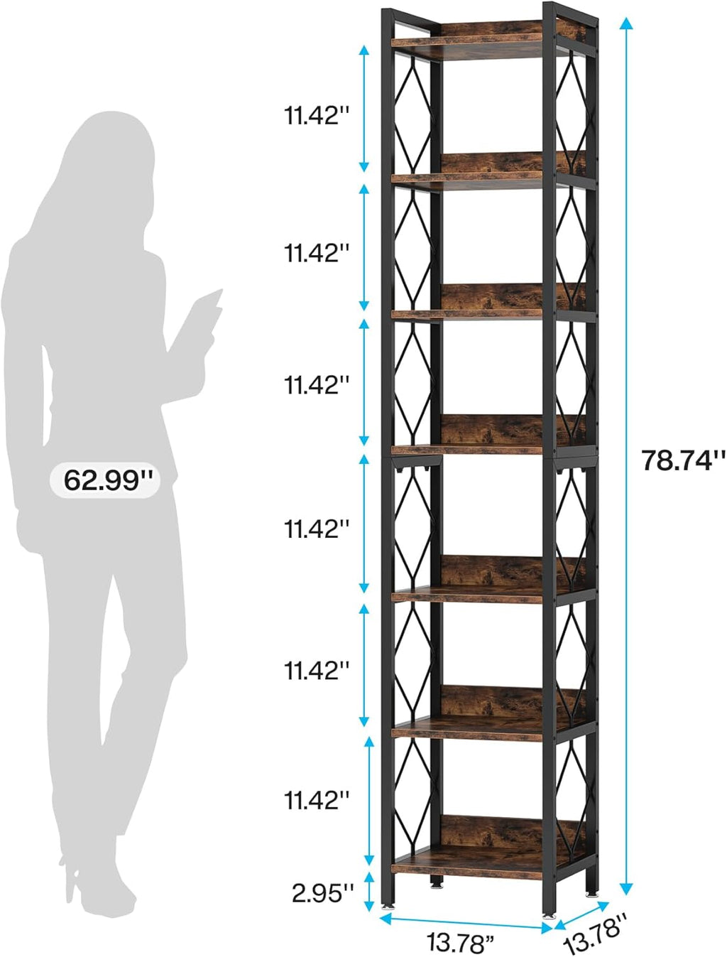 78.7" Extra Tall 7-Tier Rustic Bookshelf
