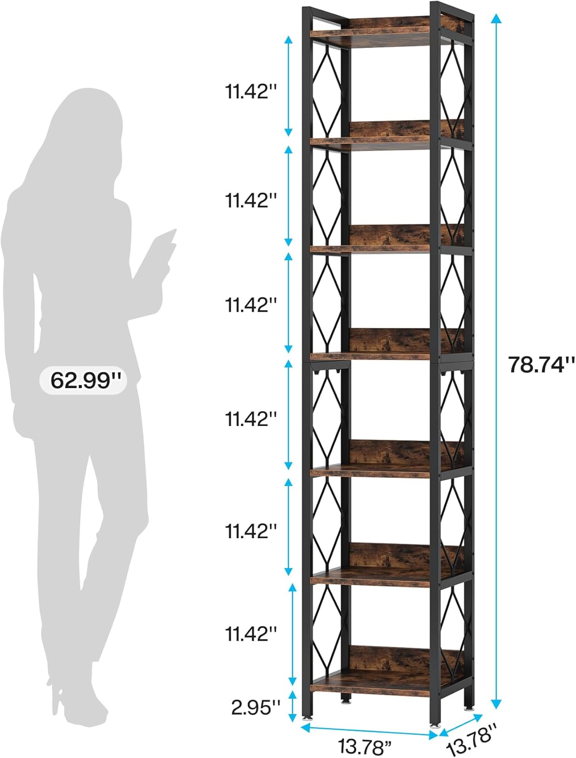 78.7" Extra Tall 7-Tier Rustic Bookshelf