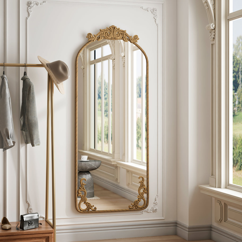 58"x24" Arched Full Body Mirror with Vintage Ornate Carved Applique
