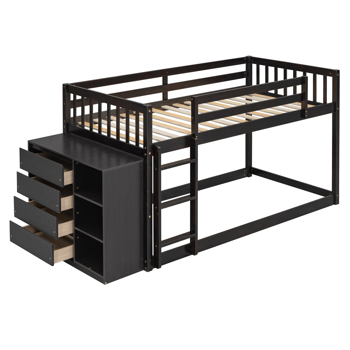 Twin Over Twin Bunk Bed with 4 Drawers and 3 Shelves - Espresso
